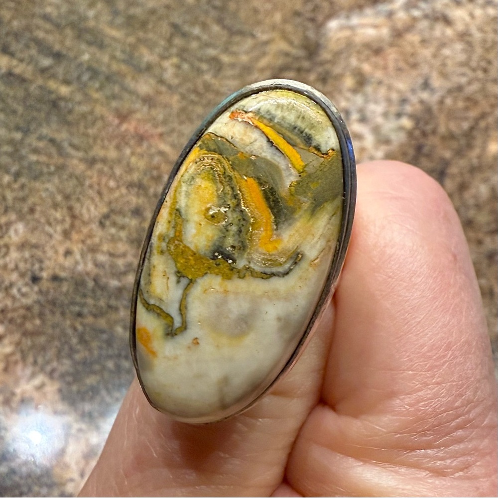 Bumblebee Jasper Large Silver Artisan Ring, Size 9 Gold / Yellow, Orange, Taupe - Picture 3 of 7